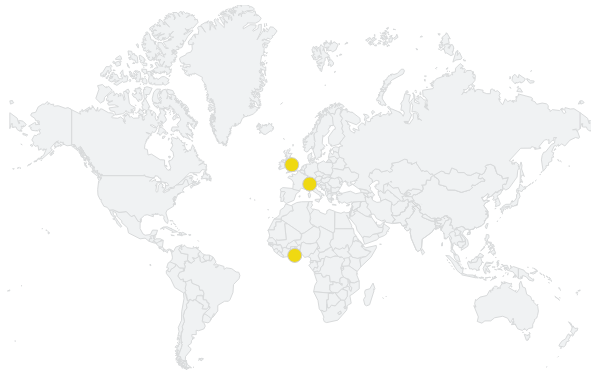 Map showing Tratco offices in the United Kingdom, Italy and Ghana